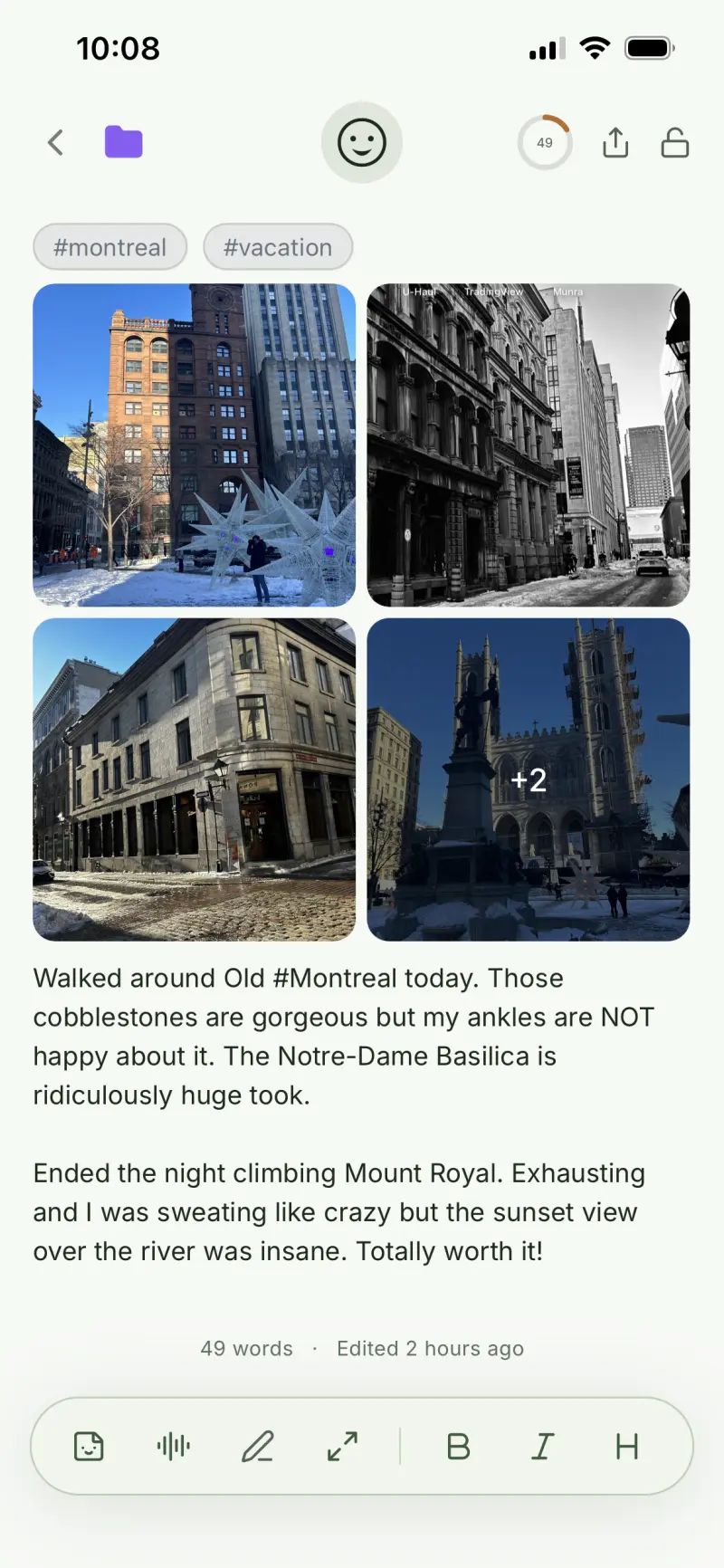 A Munra journal entry with a photo grid, tags, and formatted text
