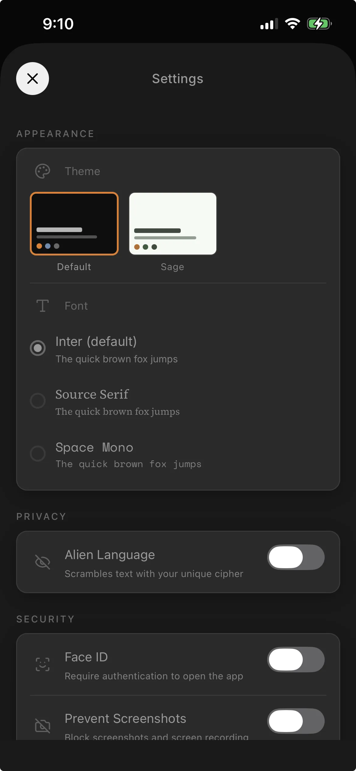 Munra settings screen