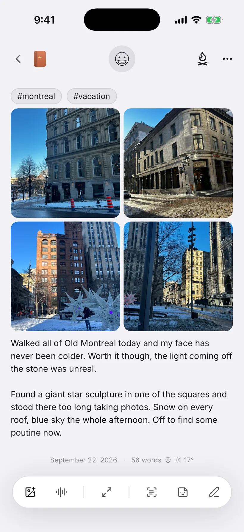 An entry with four photographs, two tags and a few lines of writing