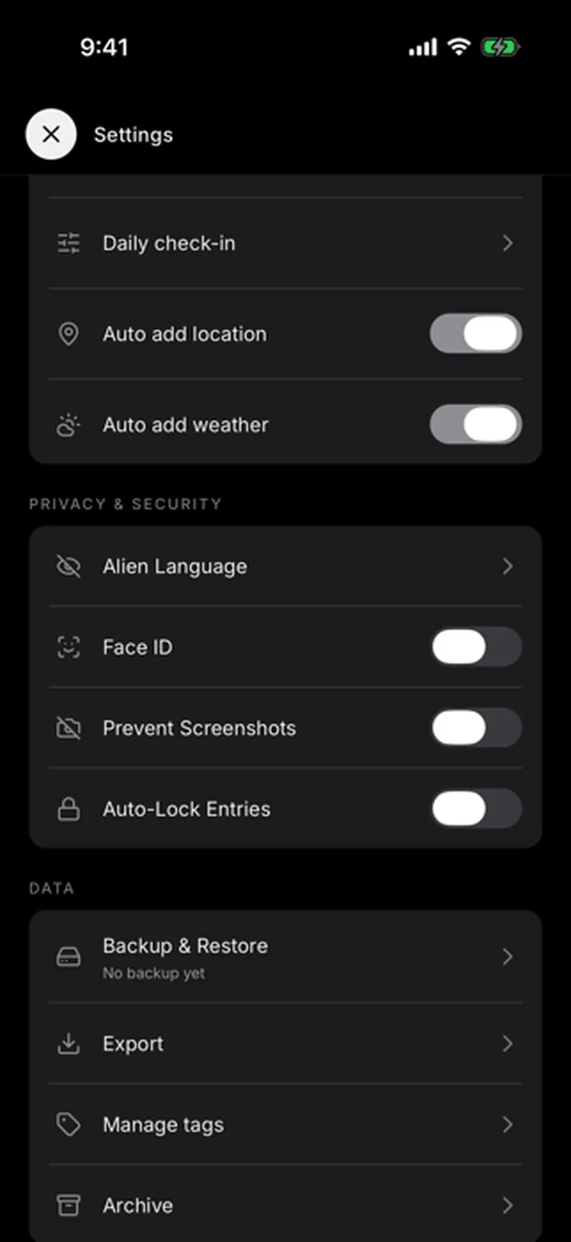 Munra's privacy settings: alien language, Face ID, prevent screenshots and auto-lock