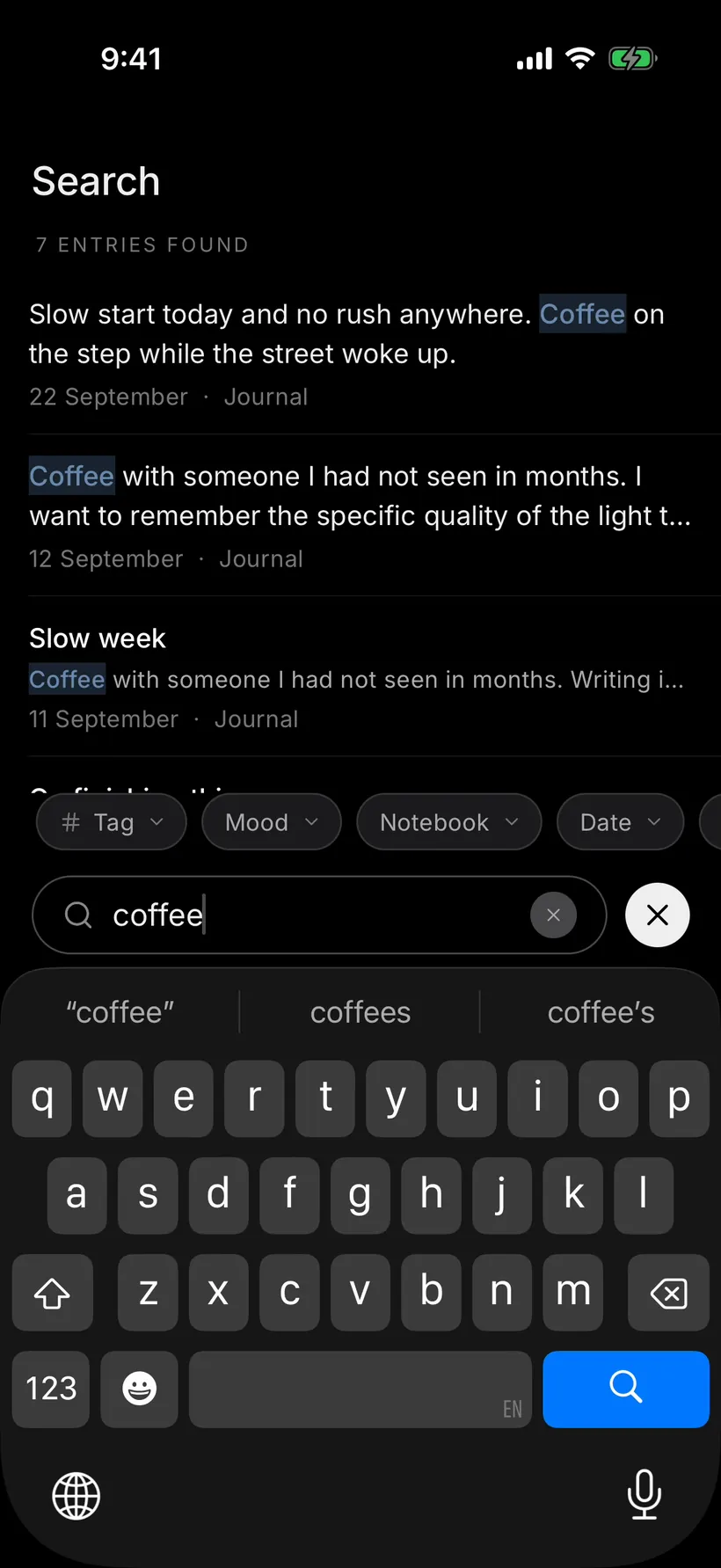 Search results for the word coffee, with tag and mood filters above the keyboard