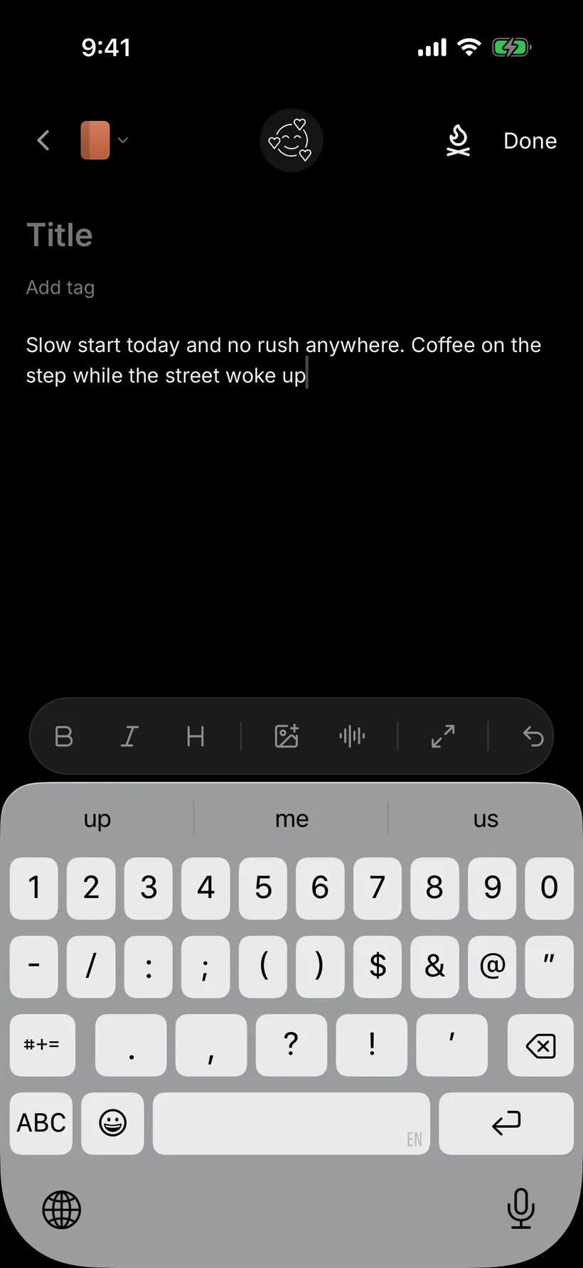 An entry being typed, with the keyboard up